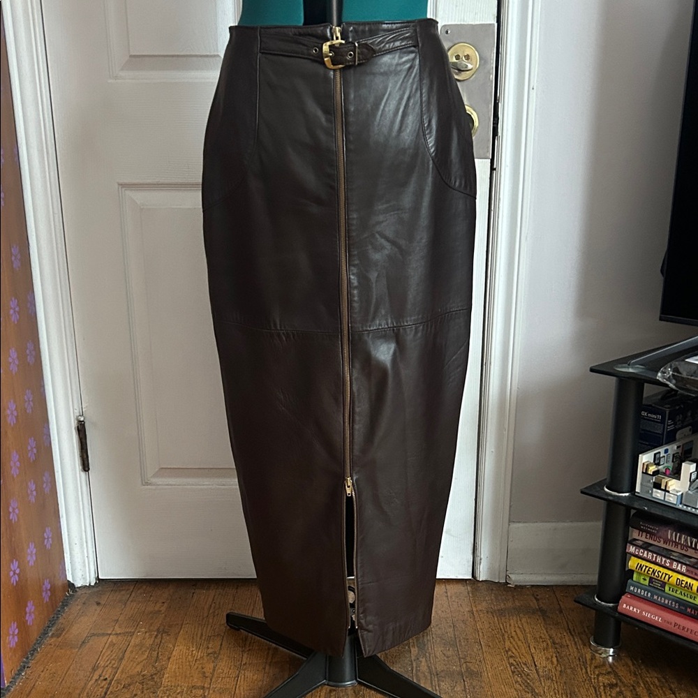 Vintage Brown Leather Skirt with Belt